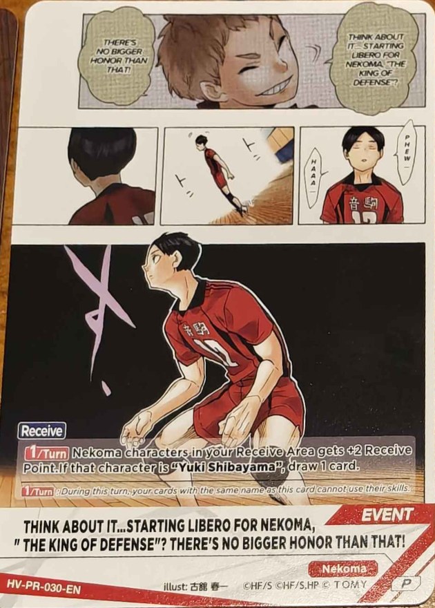 THINK ABOUT IT…STARTING LIBERO FOR NEKOMA, “THE KING OF DEFENSE”? THERE'S NO BIGGER HONOR THAN THAT! Promo HV-PR-030 Haikyu!! Vobaca!! BREAK English card